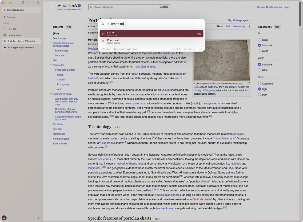 The Kaizu command bar over a page, showing that 10 km is 6.21 miles.
