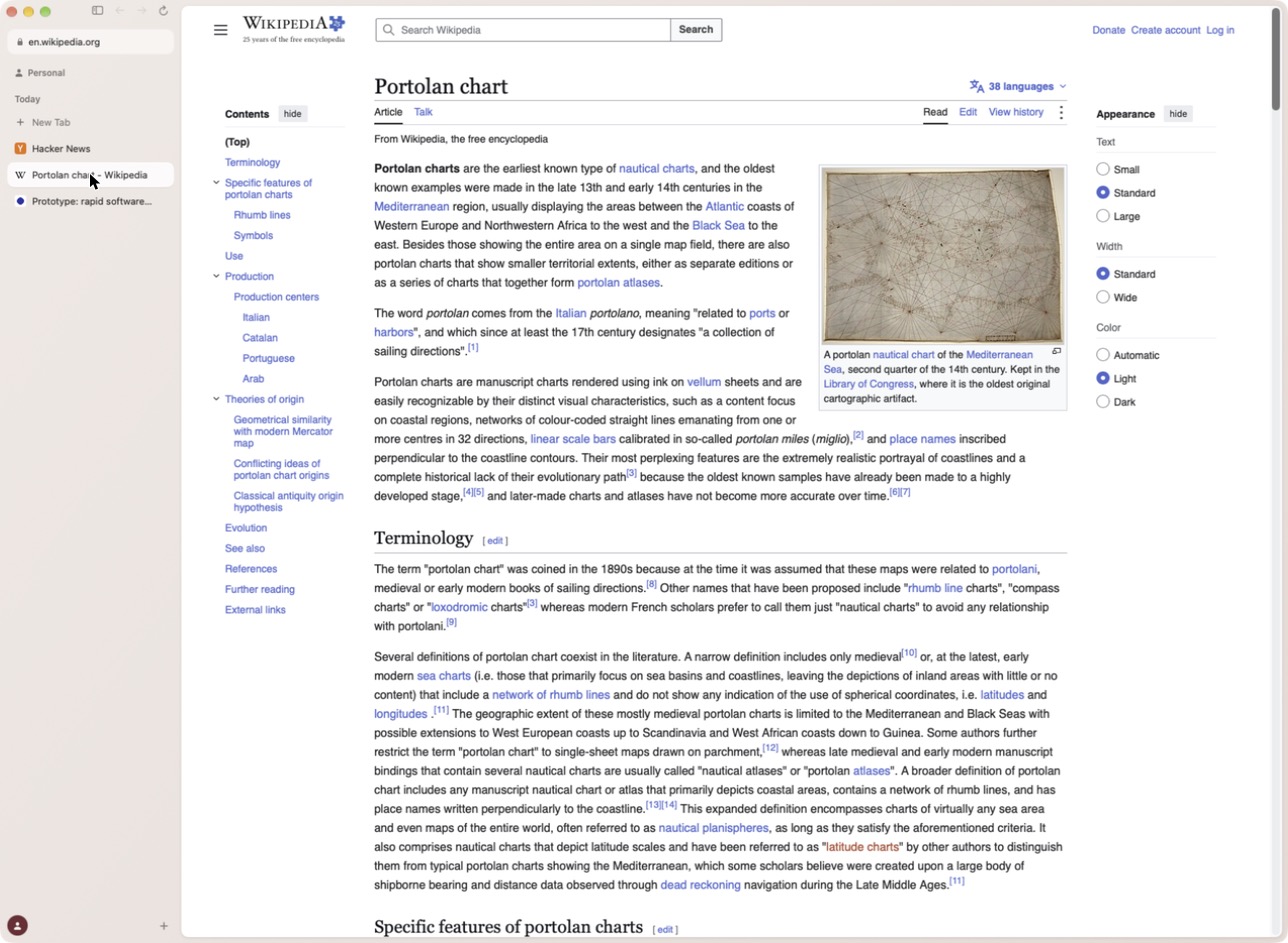 A Kaizu window showing a Wikipedia article on portolan charts, with the tabs in a sidebar on the left.